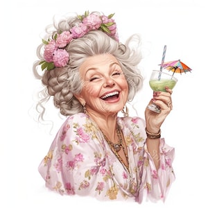 18 divertidas imágenes prediseñadas de mujeres mayores bebiendo, abuela feliz, mejores amigas, acuarela imprimible, archivos JPG de alta calidad, manualidades de papel, diario basura
