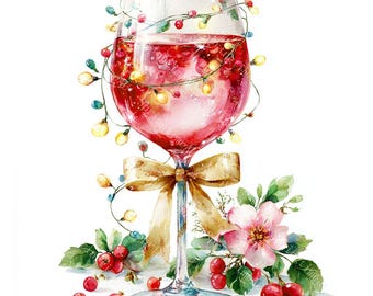 18 Christmas Wine Clipart, Holiday Wine Glass, Festive Drink,Christmas Card, Printable Watercolor,High-Quality JPGs, Papercraft,Junk Journal
