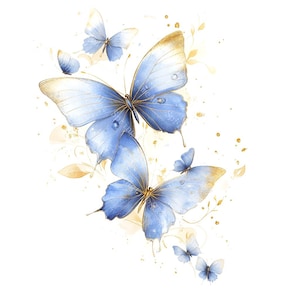 Clipart 20 papillons bleus, papillon doré, art mural, clipart aquarelle, aquarelle imprimable, fichiers JPG de haute qualité, créations en papier, journal indésirable