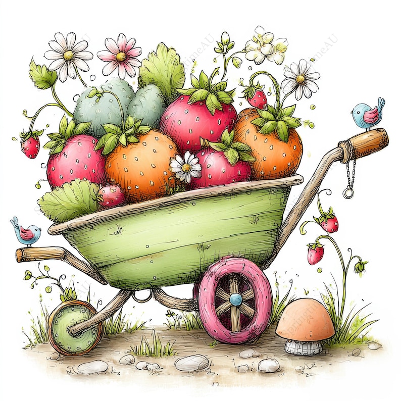 May include: A whimsical illustration of a green wheelbarrow overflowing with ripe strawberries. The strawberries are a mix of red and orange, accented by green leaves and white daisies. Two blue birds perch on the wheelbarrow, adding a touch of charm.