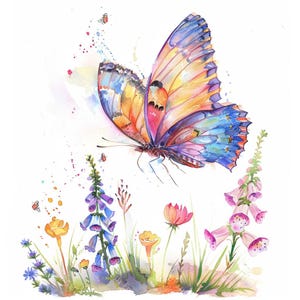 18 Butterfly in flowers Clipart, Wildflowers, Colorful Butterflies, Printable Watercolor, High-Quality JPGs, PaperCraft, Junk Journal