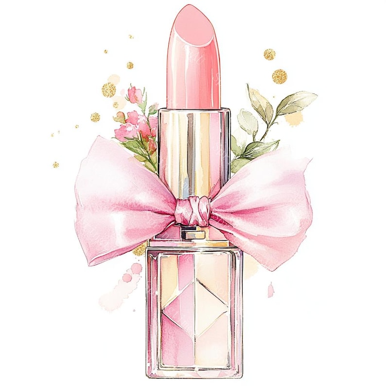 20 Pink Lipstick with Bow Clipart, Makeup Clipart, Feminine Cosmetics, Printable Watercolor, High-Quality JPGs, Paper Craft, Junk Journal