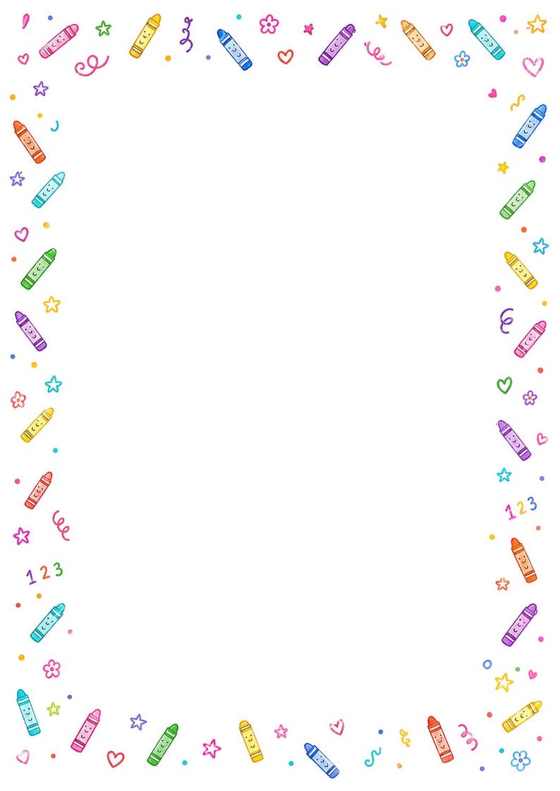 16 Crayon Border Clipart, Printable Classroom Paper JPG, Back To School,  A4 Page, Teacher Worksheet Frames, School Digital Download Kit