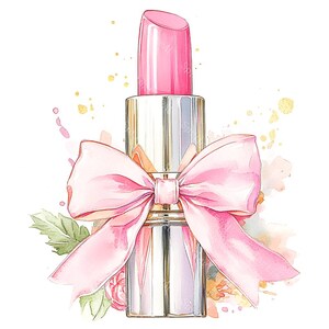 20 Pink Lipstick with Bow Clipart, Makeup Clipart, Feminine Cosmetics, Printable Watercolor, High-Quality JPGs, Paper Craft, Junk Journal