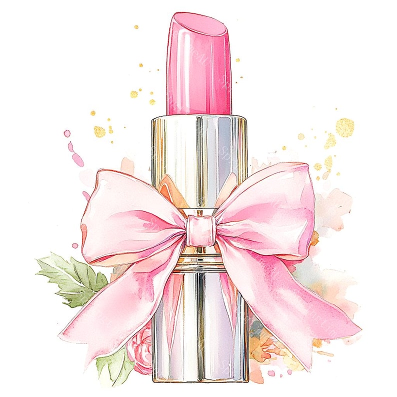 20 Pink Lipstick with Bow Clipart, Makeup Clipart, Feminine Cosmetics, Printable Watercolor, High-Quality JPGs, Paper Craft, Junk Journal