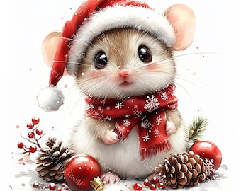 16 kerstmuis clipart, schattige kerstmuis, kerstkaart, afdrukbare aquarel, hoogwaardige JPG's, Papercraft, Junk Journal, Digital Craft
