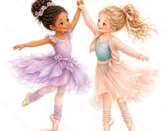 16 Cute Ballet Best Friends Clipart, Watercolor JPG, Little Dancer Girls, Dance Recital Sublimation, Planner Stickers, Digital Download