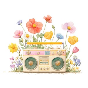 Może przedstawiać: Akwarelowa ilustracja zabytkowego boomboxa z różowymi i kremowymi akcentami, otoczona kolorowymi kwiatami. Kwiaty obejmują czerwone maki, żółte i różowe kwiaty oraz niebieskie chabry, tworząc żywy, artystyczny design.