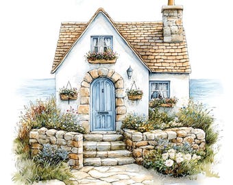 20 söta Clipart med stugor vid havet, strandhus, Clipart med hus vid havet, utskrivbara akvareller, högkvalitativa JPG-bilder, papperspyssel, skräpjournal