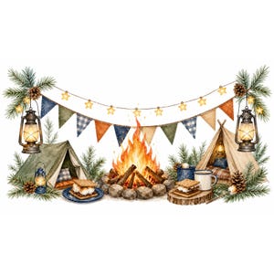 May include: A watercolor illustration of a campsite featuring two tents, a central campfire, and s'mores on plates. The scene is decorated with pine branches, pinecones, two lit lanterns, and a string of star-shaped lights and colorful pennant flags.