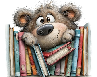 15 Cozy Bookworm Bear Clipart, Watercolor JPG Reading Teddy Bear Designs, Cute Library Book Lover Illustrations, Digital Download