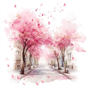 Op de afbeelding: Waterverfschilderij van een straat met kersenbomen in bloei. De roze bloesems creëren een luifel over de straat, met vallende bloemblaadjes. Gebouwen staan langs de straat en de scène baadt in zacht licht.