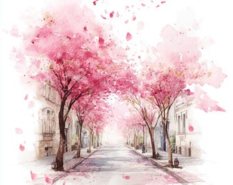 18 Cherry Blossom Street Clipart, Feminine Lifestyle, Spring Landscape, Printable Watercolor, High-Quality JPGs, Papercraft, Junk Journal