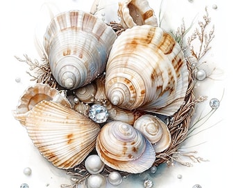 18 preciosas imágenes prediseñadas de conchas marinas, imágenes prediseñadas de conchas marinas, imágenes prediseñadas del océano, acuarela imprimible, JPG de alta calidad, manualidades en papel, diario de recortes