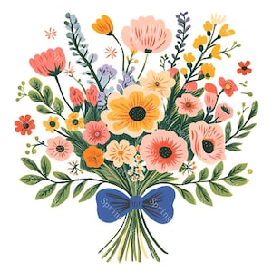 20 種類のグアッシュの野花の花束のクリップアート、リボン付き春の花束、印刷可能な水彩画、高品質の JPG、ペーパークラフト、ジャンクジャーナル