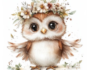 20 Cute Barn Owl Clipart, Woodland Owl, Floral Owl, Nursery Decor, Printable Watercolor, High-Quality JPGs, Papercraft, Junk Journal
