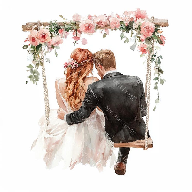 18 Bride and Groom on Swing Clipart, Wedding Clipart, Romantic Wedding Day, Printable Watercolor,High-Quality JPGs, Papercraft, Junk Journal