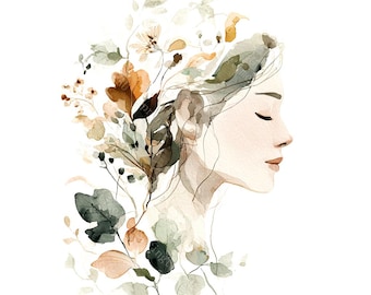 20 Floral Woman Face Clipart, Colorful Abstract, Delicate Line Art,Minimalist,Printable Watercolor,High-Quality JPGs,PaperCraft,Junk Journal