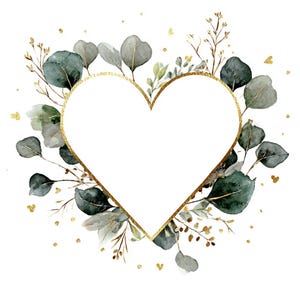 18 Greenery Heart Wreath Clipart, Eucalyptus Frame, Floral heart, Printable Watercolor, High-Quality JPGs, Papercraft, Junk Journal