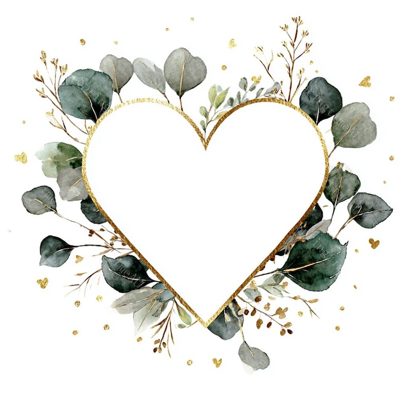 18 Greenery Heart Wreath Clipart, Eucalyptus Frame, Floral heart, Printable Watercolor, High-Quality JPGs, Papercraft, Junk Journal