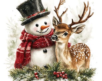 14 Christmas Reindeer and Snowman Clipart, Deer with Snowman in Winter, Printable Watercolor, High-Quality JPGs, Papercraft, Junk Journal