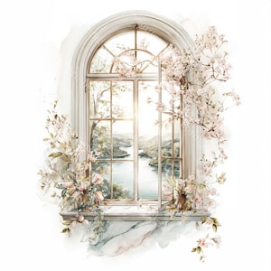 May include: A watercolour illustration depicts an arched window overlooking a river and mountains. The window is framed in white, with pink blossom and greenery. The artwork evokes a tranquil, romantic atmosphere.