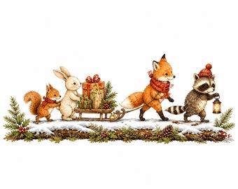 16 Whimsical Woodland Christmas Animal Clipart Borders, Cute Forest Animals, Watercolor Holiday Art, Nursery Christmas, Digital Download