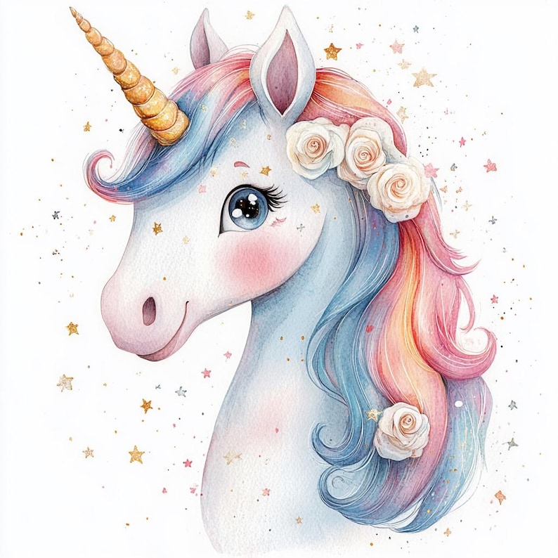 Pu&ograve; includere: Un dipinto ad acquerello di un unicorno con criniera e coda arcobaleno. L'unicorno ha un corno d'oro e indossa una corona di rose bianche. Lo sfondo &egrave; bianco con stelle dorate.