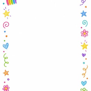 Può includere: Un bordo pagina rettangolare in stile disegnato a mano con un arcobaleno e una nuvola nell'angolo in alto a sinistra. La cornice è decorata con vari elementi multicolori, tra cui stelle, cuori, fiori, spirali e piccoli punti.
