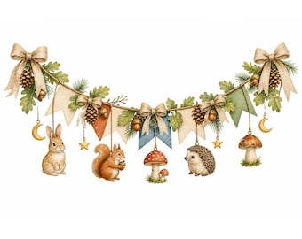 16 Woodland Forest Garland Clipart, Cute Animal Banners for Kids Party Decor, Printable JPG Digital Download