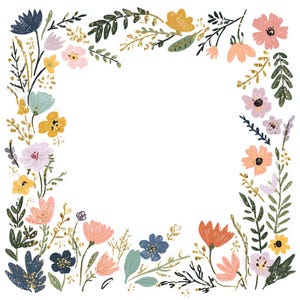 Puede incluir: Ilustración floral con un borde cuadrado de flores y follaje coloridos. El diseño incluye flores rosas, naranjas, amarillas, azules y moradas con hojas verdes y detalles dorados, sobre un fondo blanco.