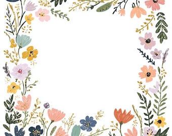 May include: A floral illustration featuring a square border of colorful flowers and foliage. The design includes pink, orange, yellow, blue, and purple flowers with green leaves and gold accents, set against a white background.