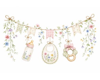 16 Little Wildflower Banner Clipart, Baby Shower, Onesie Clothesline, Floral Baby Bunting JPG, Printable Nursery Party Decor, Commerial Use