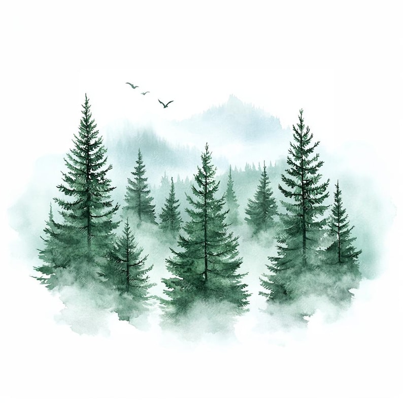 Puede incluir: Pintura a la acuarela de una escena de bosque con &aacute;rboles de hoja perenne y un efecto brumoso y atmosf&eacute;rico. Los &aacute;rboles son de varios tonos de verde, con un fondo suave y borroso que sugiere monta&ntilde;as y cielo. Tres p&aacute;jaros vuelan sobre los &aacute;rboles.