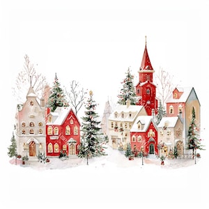 20 Christmas Village Clipart, Christmas Card Art, Printable Watercolor, High-Quality JPGs, Paper Craft, Junk Journal, Digital Download