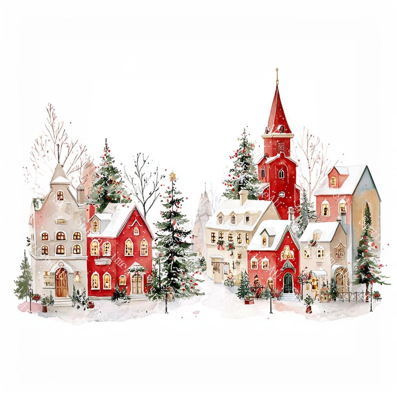 20 Christmas Village Clipart, Christmas Card Art, Printable Watercolor, High-Quality JPGs, Paper Craft, Junk Journal, Digital Download