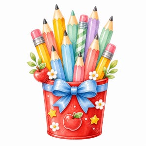 Peut inclure: Un seau rouge rempli de crayons de diverses couleurs, notamment des nuances de jaune, bleu, rose, violet et vert. Le seau est orné d'un grand nœud bleu, de fleurs blanches, d'étoiles jaunes et d'une illustration de pomme rouge.