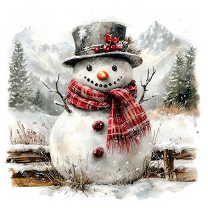 18 Vintage Snowman Clipart, Winter Snowman, Christmas Card, Printable Watercolor, High-Quality JPGs, Papercraft, Junk Journal