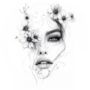 18 bloemen vrouw gezicht clipart, delicate lijntekeningen, gezicht lijntekeningen clipart, afdrukbare aquarel, hoogwaardige JPG's, Paper Craft, Junk Journal