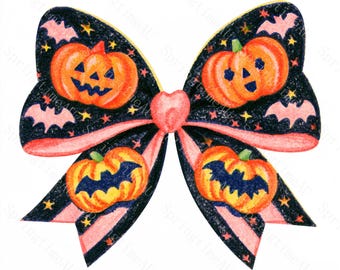 20 Vintage Halloween Bow Clipart, Retro Pastel Crayon Ribbon Charm JPG, Sublimation Sticker Card Design, Digital Download