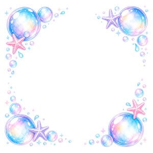 Op de afbeelding: Een decoratieve randillustratie met iriserende bellen in aquarel-stijl en roze zeesterren in de vier hoeken. Het ontwerp bevat doorschijnende blauwe en paarse bellen van verschillende groottes, kleine waterdruppels en stervormige glinsteringen.