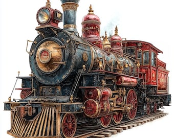18 Vintage Train Clipart, Steam Locomotive, Christmas Train, Antique Train, Printable Watercolor, High-Quality JPGs, PaperCraft,Junk Journal