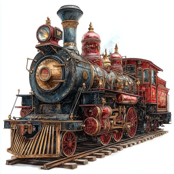 18 Vintage Train Clipart, Steam Locomotive, Christmas Train, Antique Train, Printable Watercolor, High-Quality JPGs, PaperCraft,Junk Journal