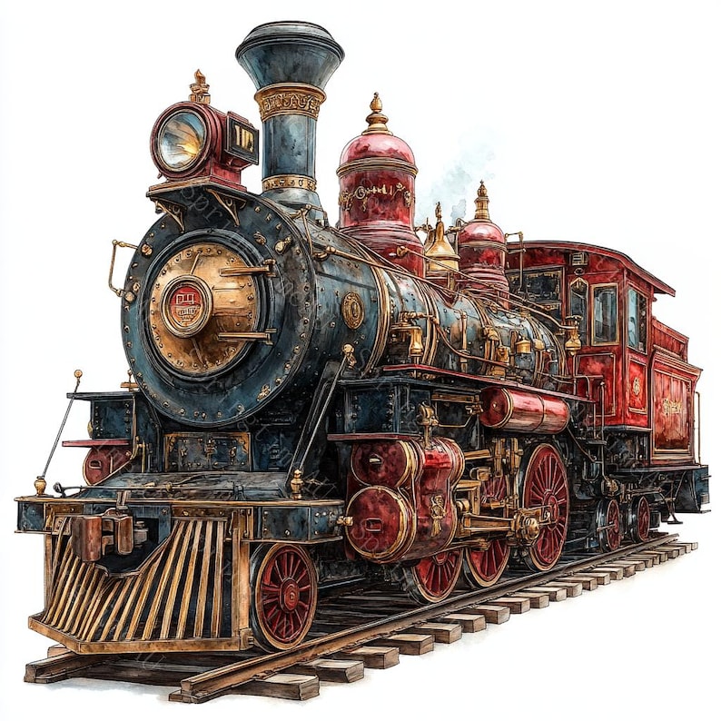 18 Vintage Train Clipart, Steam Locomotive, Christmas Train, Antique Train, Printable Watercolor, High-Quality JPGs, PaperCraft,Junk Journal