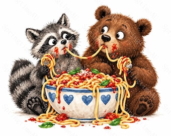 16 Midnight Snack Woodland Animal Clipart, Funny Watercolor JPG, Raccoon Fox Bear Kitchen Mischief, Sublimation, Digital Download