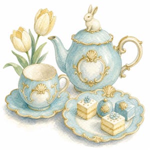 May include: A watercolor illustration of a light blue teapot with a white rabbit figurine on the lid, a matching teacup on a saucer, and a scalloped plate holding two square cakes and a blue dome-shaped treat, accompanied by three yellow tulips.