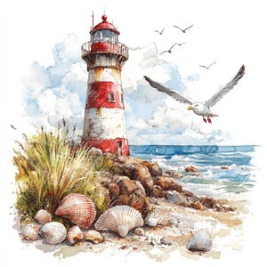 16 Vintage Lighthouse Clipart, Nautical Clipart, Ocean Clipart, Printable Watercolor, High-Quality JPGs, Paper Craft, Junk Journal