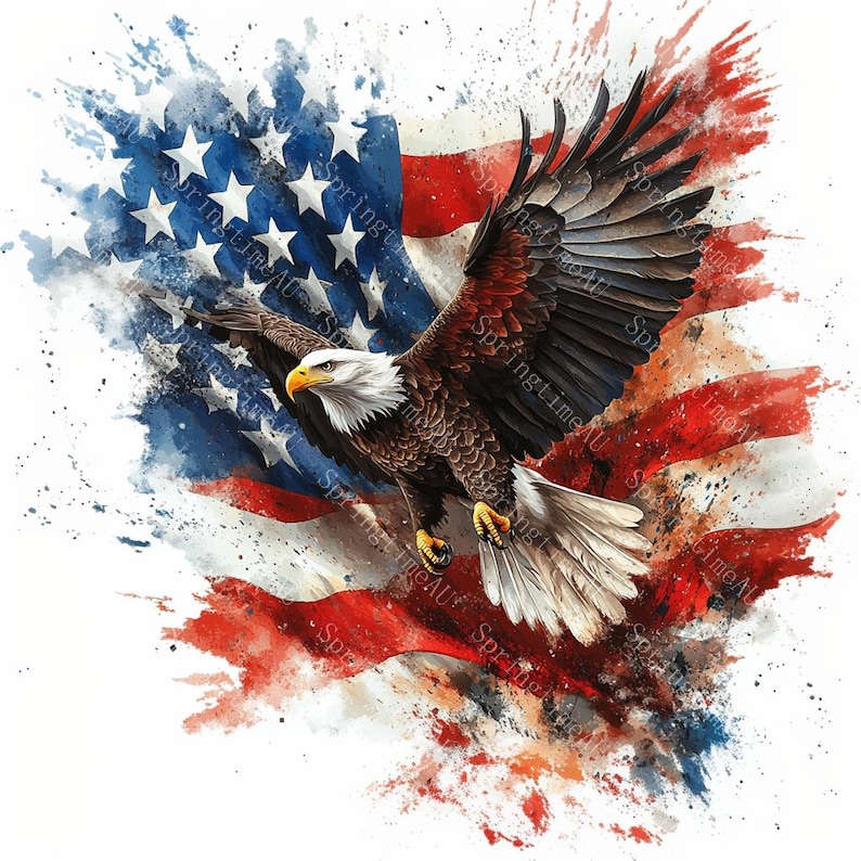 20 Patriotic Bald Eagle Clipart, USA Flag, Independence Day, 4th of July, Printable Watercolor, High-Quality JPGs, Papercraft, Junk Journal