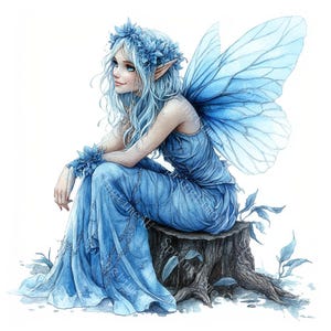 14 Clipart Fata Azzurra, Fata Congelata Invernale, Fantasia Magica, Acquerello Stampabile, JPG di Alta Qualità, PaperCraft, Junk Journal