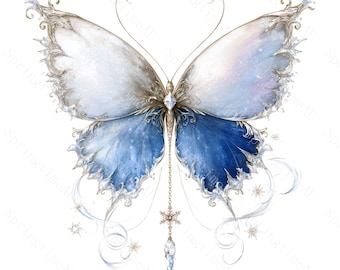 16 Fairytale Butterfly Clipart, Vintage Watercolor JPG, Jeweled Wing Sublimation, Whimsical Fantasy Art, Digital Download